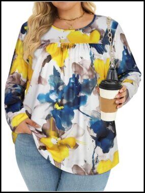 Plus Size Long Sleeve Pleated Tunic Blouse Cotton Blend Crewneck Top